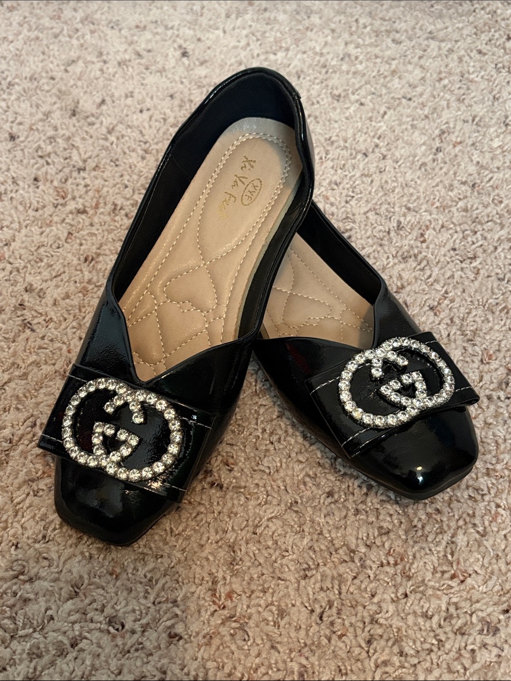 Black Patent GG Crystal Buckle Bow Women’s Flats Loafers Comfort Double G 38
